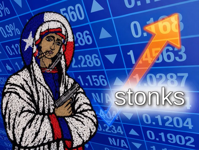 A stylized 'stonks' meme image shows an illustrated figure in a hooded robe featuring the Cuban flag design holding a handgun, set against a blue stock market background with an orange upward arrow.