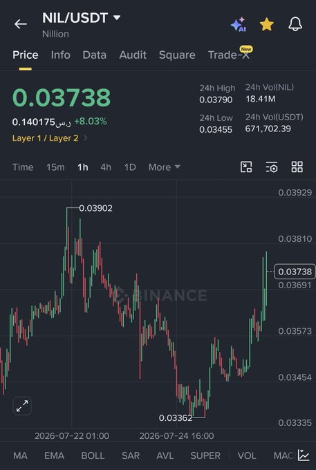 A Binance price chart shows NIL/USDT trading at 0.03738 USDT, up 8.03% to 0.140175 ریال, with a 24-hour high of 0.03790 and low of 0.03362 over the past week. The recent recovery from the ~0.03362 low reinforces the post's message of holding Nilion ($NIL) rather than giving in to weakness.
