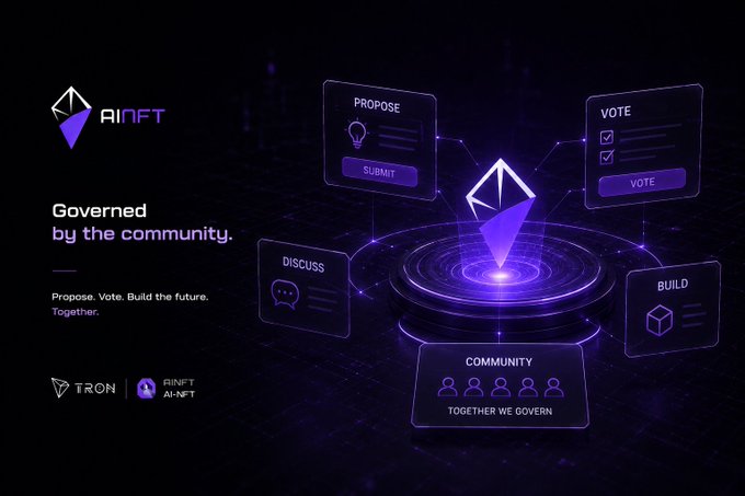 AINTF promotional graphic with the headline 'Governed by the community' and tagline 'Propose. Vote. Build the future. Together.', featuring AI-NFT branding alongside Tron and AINTF AI-NFT logos, with floating UI panels labeled Propose, Vote, Discuss, Build, and Community.