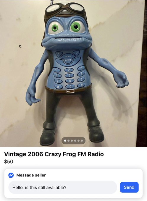 A vintage 2006 Crazy Frog FM Radio listed for $50 on a marketplace, featuring the blue cartoon frog character with goggles and a keypad.