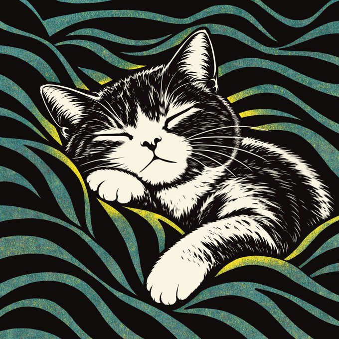 An illustrated drawing depicts a sleeping kitten curled up, surrounded by a swirling pattern of teal and yellow.