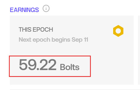 The image displays an earnings widget showing 59.22 Bolts accumulated for the current epoch, with the next epoch beginning Sep 11, highlighting the rewards earned from participating in the BitRobot Network's 7-day farming streak.