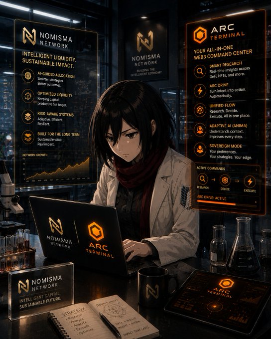 An anime-style illustration of a dark-haired woman in a lab coat working at a laptop displaying the 'NOMISMA NETWORK' and 'ARC TERMINAL' logos, with holographic panels advertising 'INTELLIGENT LIQUIDITY, SUSTAINABLE IMPACT' and features like 'AI-GUIDED ALLOCATION' and 'ARC DRIVE'.
