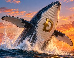A massive whale breaches dramatically from the ocean at sunset, with a gold 'D' emblem on its side and water splashing around it.