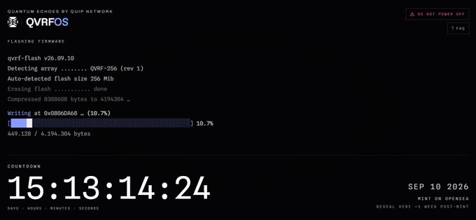 A dark interface displaying 'QVRFOS' quantum echoes by Quip Network with firmware flashing progress at 10.7% and a countdown timer to 'SEP 10 2026'.