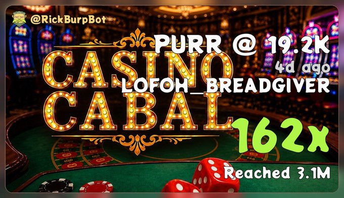A digital casino-themed graphic displays a brightly lit roulette table with the text "Purr @ 19.2K, 4d ago, LOFOH_BREADGIVER, 162x, Reached 3.1M," and a "@RickBurpBot" watermark in the corner. The numbers reference the 19.2K followers of @BreadGiver and the impressive 162x return and 3.1M reach of his "Casino Cabal" narrative on Robinhood, which the post celebrates as a successful community-driven lore project.