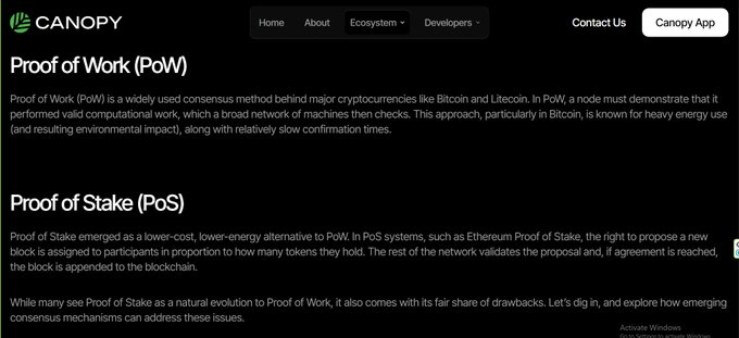 Screenshot of a Canopy webpage explaining 'Proof of Work (PoW)' and 'Proof of Stake (PoS)' cryptocurrency consensus mechanisms.