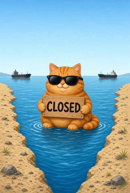 An illustration of an orange cat wearing sunglasses and holding a 'CLOSED' sign, sitting in a narrow waterway between two sandy shores with ships in the background.