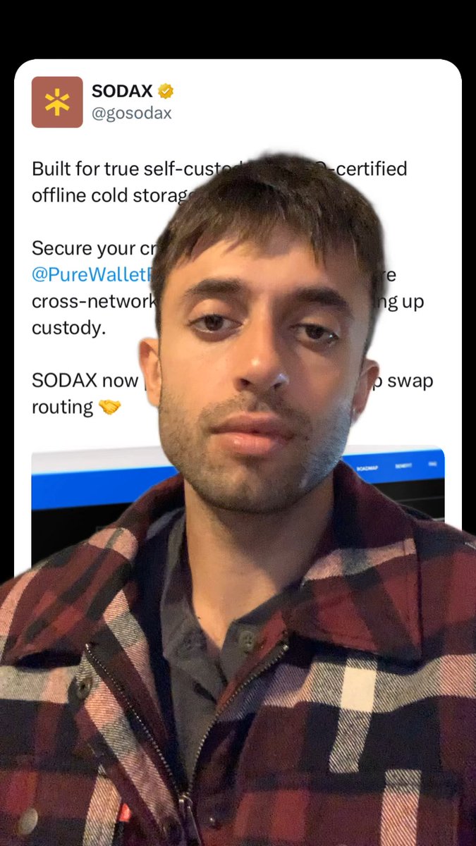 A man in a red and black plaid flannel shirt appears in front of a tweet from 'SODAX @gosodax' discussing self-custody and offline cold storage features.