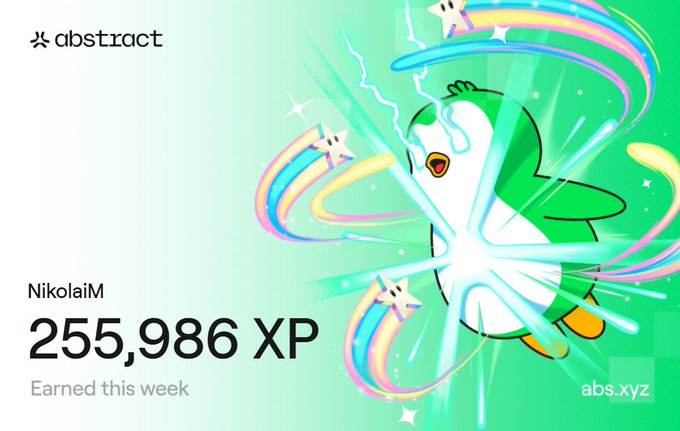 The image features a poster for a game that has been posted by @AbstractChain. The poster includes a cartoon penguin with rainbow wings and a sword, surrounded by stars and other colorful elements. The text on the poster announces that the player has earned 25,966 XP in the game.