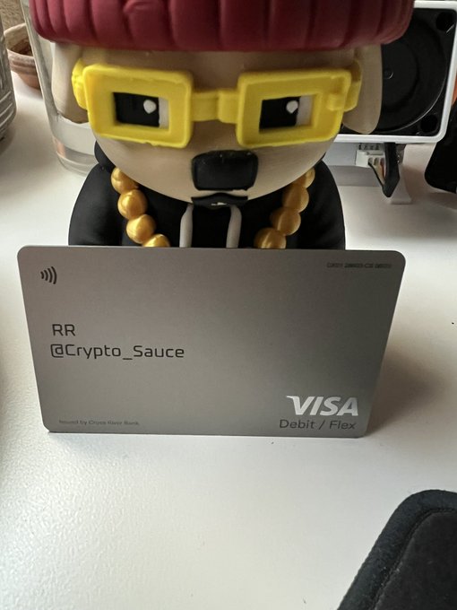 A figurine wearing a red beanie, yellow pixelated sunglasses, and gold chains sits behind a silver Visa Debit/Flex card labeled 'RR' and '@Crypto_Sauce' issued by Crypto.Novu Bank.