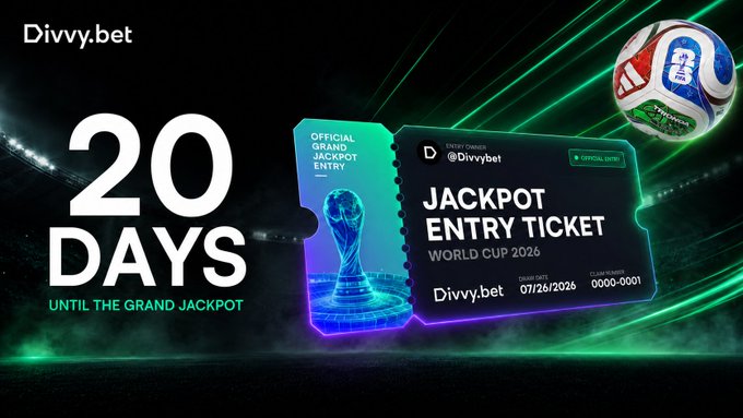 The image is a promotional graphic for Divvy.bet featuring large "20 DAYS" text on the left and two stylized jackpot entry tickets on the right—one showing a World Cup trophy and the other labeled "JACKPOT ENTRY TICKET WORLD CUP 2026" with a draw date of 07/26/2026—set against a dark stadium background with a soccer ball. This visual countdown reinforces the post's announcement that the Grand Jackpot draw is 20 days away on July 26, emphasizing the urgency to stack bets for better odds.