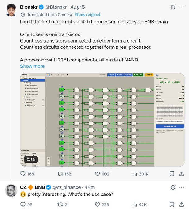 A tweet from Blonskr (@Blonskr) on August 15 announces building the first on-chain 4-bit processor on BNB Chain using 2,251 NAND components, where "one token is one transistor," with a circuit diagram showing a 45x11=495 grid layout. CZ (@cz_binance) replied asking about the use case, and the image relates to a project called "Behemoth" (0x4e8fc9e5a6d2b9c6e7ca8b923661ca4e78087777) being promoted on the BNB blockchain.