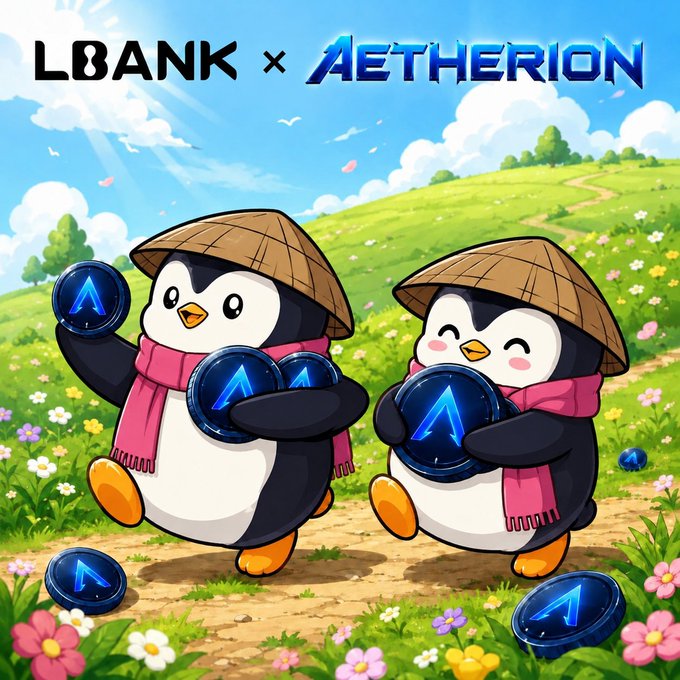 An anime-style illustration featuring 'LBANK x AETHERION' with two cute cartoon penguins in straw hats and pink scarves holding blue 'A' logo coins in a sunny flower field.
