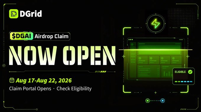 A digital banner ad for 'DGrid' announces a '$DGAI Airdrop Claim' that is 'NOW OPEN' from Aug 17 to Aug 22, 2026, featuring green tech-themed graphics and an 'ELIGIBLE' checkmark.