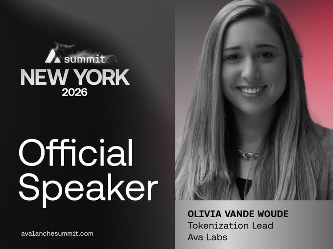 A promotional graphic announcing Olivia Vande Woude as an Official Speaker at Avalanche Summit New York 2026, identifying her as Tokenization Lead at Ava Labs.