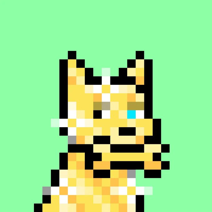 Pixel art illustration of a yellow cat or fox-like character with pointed ears on a green background.