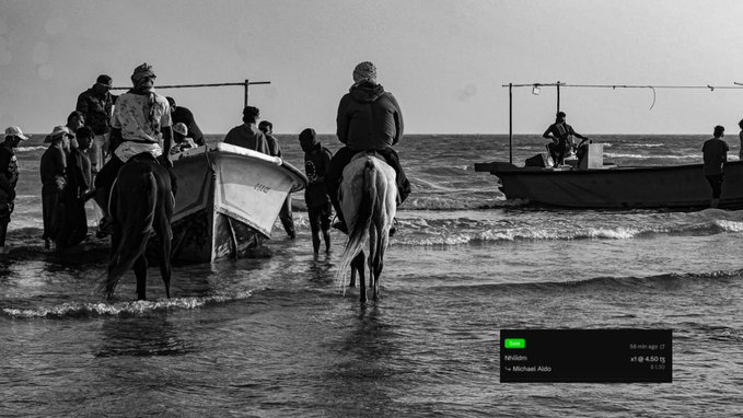 A black and white photograph captures a group of people on horseback and on foot guiding small boats through shallow coastal waters under a hazy sky, with an overlay indicating 66% battery and credit to Michael Alabi.