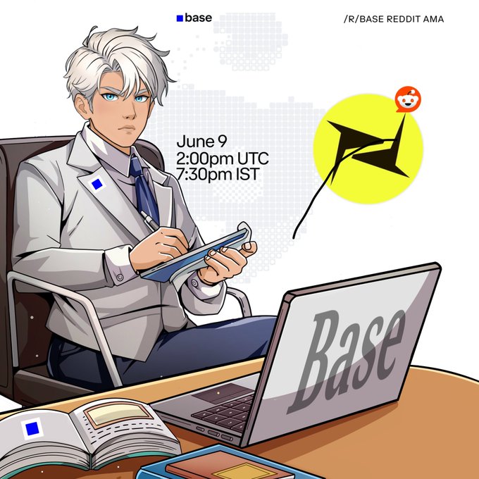 The image features a man sitting at a desk with a laptop open in front of him. The man appears to be working or studying, as there are several books scattered around his workspace. A mouse can also be seen near the laptop. In the background, there is a poster that says "base" and has an image of a cartoon character on it. Additionally, there is a text box with information about a June 9 event at 7:30 pm. The man's tie suggests he might have a professional job or is dressed for a formal occasion.