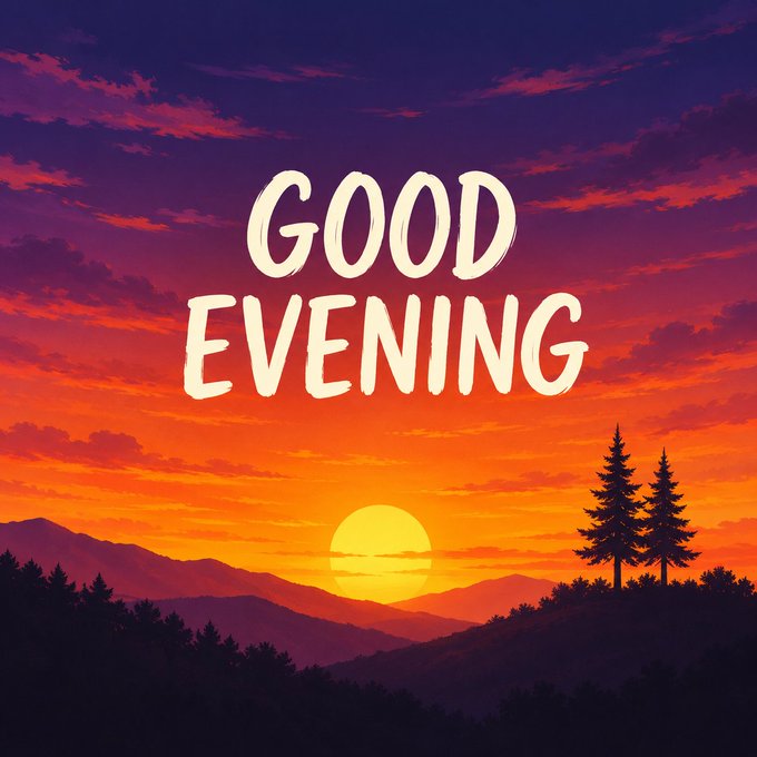 An illustrated sunset scene with mountains, trees, and ocean overlaid with the text 'GOOD EVENING' in bold white lettering.