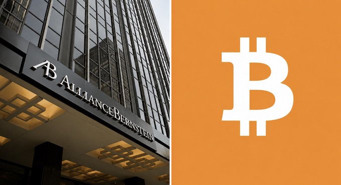 The image shows the exterior of an AllianceBernstein building alongside the Bitcoin logo on an orange background, visually representing Bernstein's bold Bitcoin price predictions of $150K by 2027 and up to $1 million by 2033.
