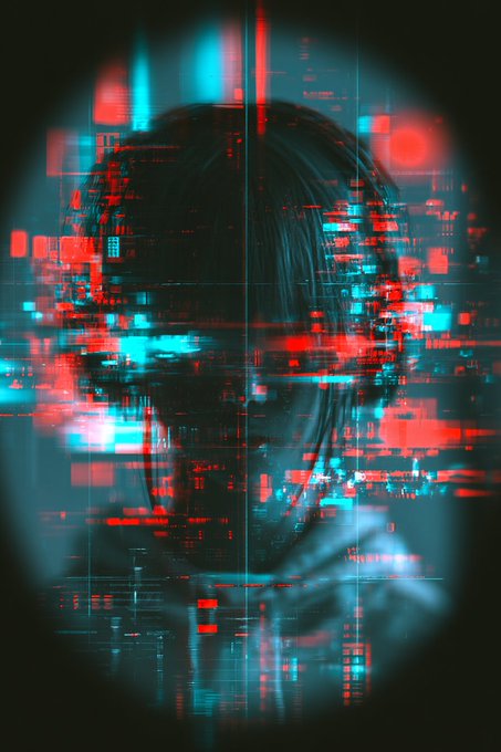 A glitch art-style digital image of a person with short hair shown through red and cyan color distortion effects with digital artifacts and scan lines, viewed as if through a circular lens.
