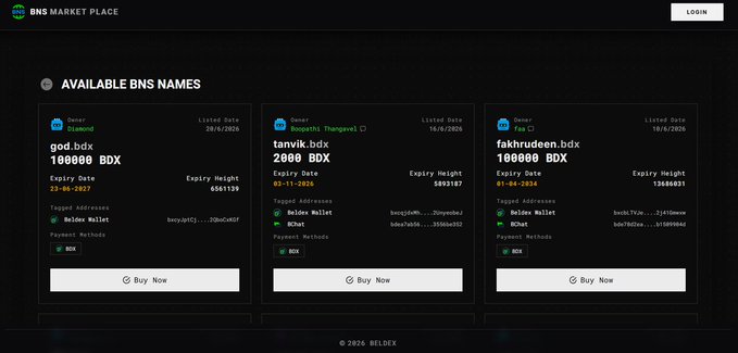 The BNS Marketplace displays three available BNS names for sale—"god.bdx" for 10,000 BDX, "tanvik.bdx" for 2,000 BDX, and "fakhrudeen.bdx" for 100,000 BDX—each with payment options in BDX, demonstrating the platform's peer-to-peer trading features for user-friendly .bdx domain names as referenced in the post.