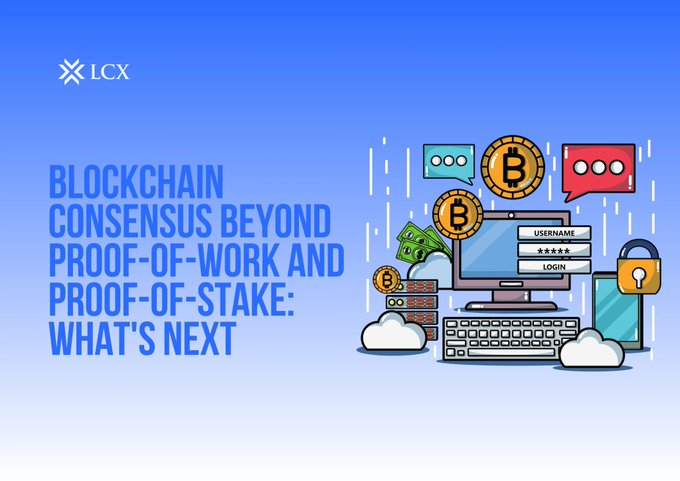 A blue-themed graphic from LCX titled 'BLOCKCHAIN CONSENSUS BEYOND PROOF-OF-WORK AND PROOF-OF-STAKE: WHAT'S NEXT', featuring illustrations of a computer monitor, Bitcoin coins, login fields, and a padlock.