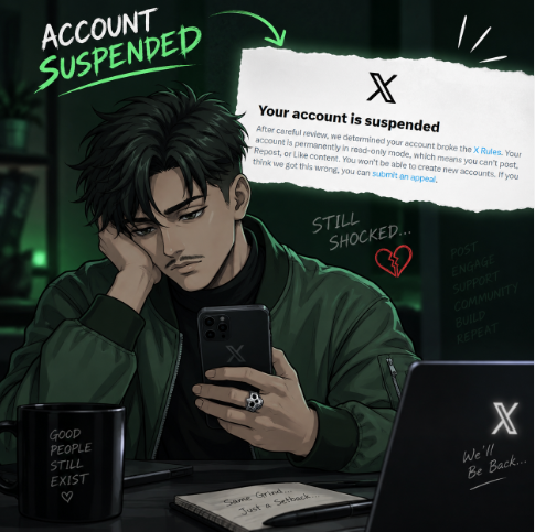 An anime-style illustration shows a man looking at a phone with a pop-up reading "ACCOUNT SUSPENDED" and "Your account is suspended", with "STILL SHOCKED..." written nearby.