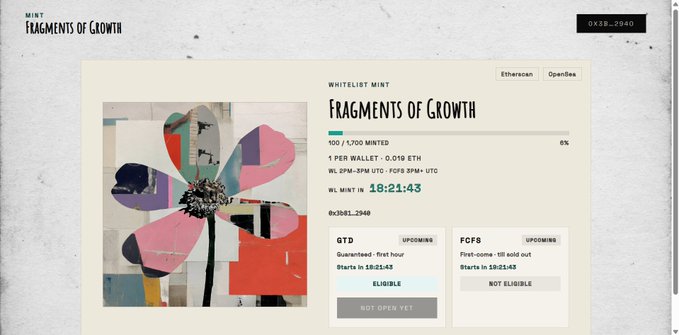 Screenshot of a 'FRAGMENTS OF GROWTH' NFT whitelist mint page showing 100/1,700 minted at 0.019 ETH, WL MINT IN 18:21:43, contract 0x3081...2940.