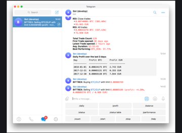 A Telegram chat screenshot shows a user searching for "bot advantage" with messages displaying Bitcoin-related crypto trading metrics, including tickers like "BINANCE: BTC/USDT" showing "Daily Profit over the last 2 days" with EUR values (e.g., 2017-12-11: -0.00021319 BTC), Total Trade Count of 105, and example trades like "MANAUSDT BUY 411.4573" and "MANAUSDT SELL 547.6." The screenshot illustrates the sort of trading bot interface discussed in the post about open-source repositories like Freqtrade and Hummingbot for crypto automation.