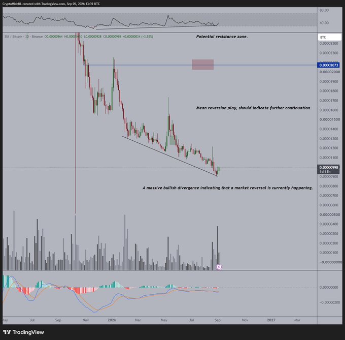 A TradingView chart of the SUI/Bitcoin pair on Binance displays a bullish divergence setup, with price making lower lows while a massive bullish divergence suggests an imminent market reversal, and a "Potential resistance zone" marked near the 0.00002073 level, indicating significant upside potential for SUI against BTC as it approaches a key breakout point.