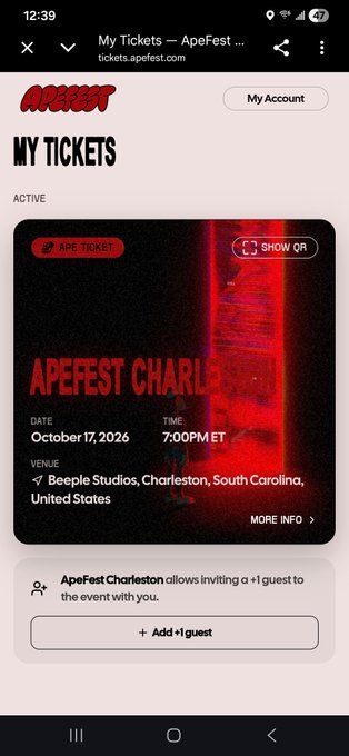 A mobile screenshot of an ApeFest ticket confirmation from tickets.apefest.com, showing an "APE TICKET" for ApeFest Charleston on October 17, 2026, at 7:00 PM ET at Beeple Studios in Charleston, South Carolina. The post celebrates securing tickets to the event alongside a guest, aligning with the option to "Add +1 guest" displayed on the ticket page.