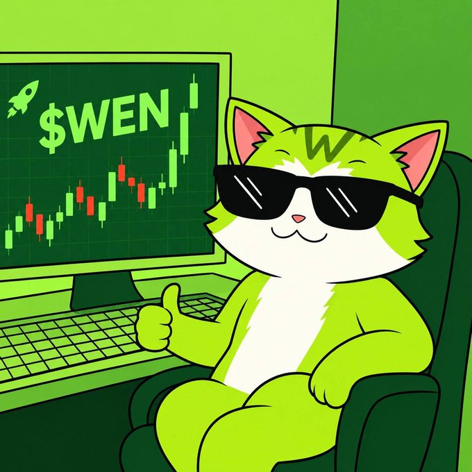 A cartoon green cat wearing sunglasses gives a thumbs-up while sitting in front of a computer monitor displaying a '$WEN' stock chart with a rocket icon.