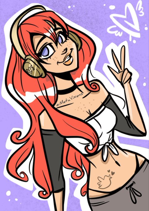 An illustrated female character with long red hair, headphones, and a white crop top poses with a peace sign, featuring a doodle watermark 'Art+Vikens' and a peace symbol.