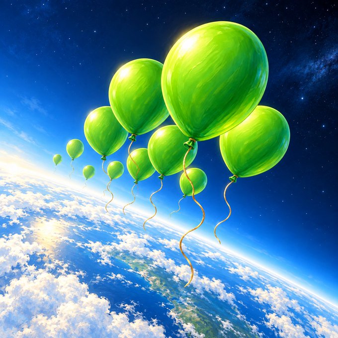 A cluster of bright green balloons with golden ribbons floats high above Earth's atmosphere against a starry sky, symbolizing the upward momentum and growth associated with the upcoming $UP buyback event.