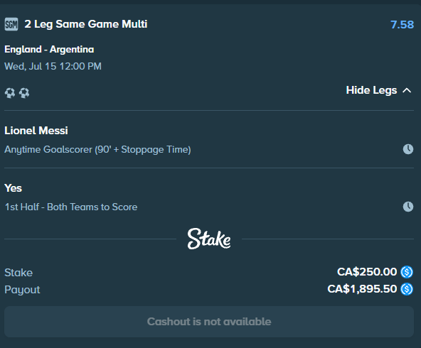 A Stake "2 Leg Same Game Multi" bet slip showing a CA$250.00 stake on England vs. Argentina (Wed, Jul 15), predicting Lionel Messi as an anytime goalscorer and "Yes" for both teams to score in the first half, with a potential payout of CA$1,895.50 and no cashout available—aligning with the post's mention of a Stake parlay giveaway.