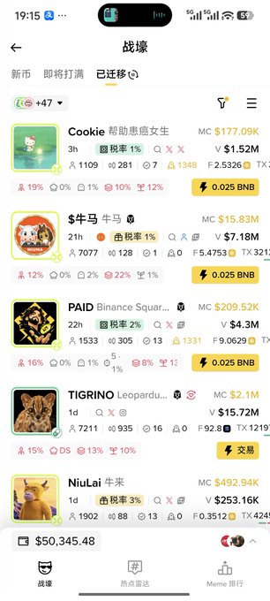 A mobile app screenshot displaying a Chinese-language meme token trading platform ('战壕') with various tokens including Cookie ($177.09K), $牛马 ($15.83M), PAID ($209.52K), TIGRINO ($2.1M), and NiuLai ($492.94K), showing a portfolio balance of $50,345.48.