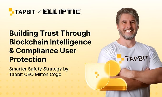 A promotional graphic for a Tapbit x Elliptic collaboration titled 'Building Trust Through Blockchain Intelligence & Compliance User Protection - Smarter Safety Strategy by Tapbit CEO Milton Cogo', featuring a smiling man in a Tapbit t-shirt.