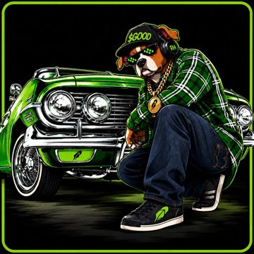 The image features an anthropomorphic dog wearing a green hat labeled "GOOD," headphones, a gold chain, a green plaid shirt, and Nike sneakers, posing in front of a green classic car. This stylized character ties into the "$GOOD" meme token post, visually representing the community's hype, street-style energy, and the playful branding behind the 3-week-old project.