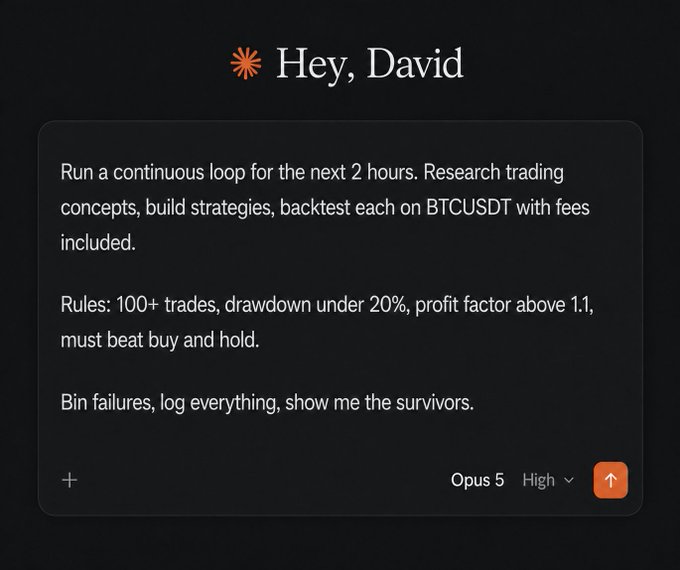 A screenshot of a Claude Code prompt addressed to "David" instructing it to run a continuous 2-hour loop researching, building, and backtesting BTCUSDT trading strategies with strict criteria (100+ trades, drawdown under 20%, profit factor above 1.1, must beat buy and hold). The image displays the full prompt exactly as described in the accompanying post.