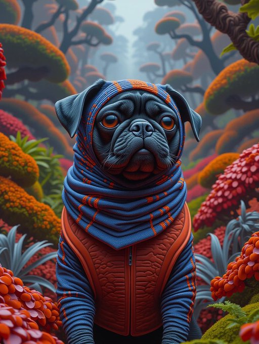 A digital illustration of a pug wearing a blue and orange hooded outfit in a colorful, fantastical landscape.