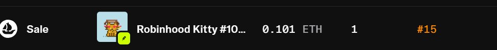 A screenshot of an OpenSea NFT sale transaction for 'Robinhood Kitty #10...' sold for 0.101 ETH, with a rarity rank of #15.