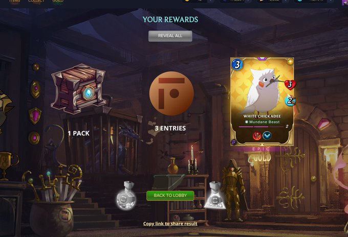 A Hearthstone game rewards screen shows 'YOUR REWARDS' including '1 PACK', '3 ENTRIES', and an Epic Gold 'WHITE CHICKADEE' minion card with 3/3 stats.