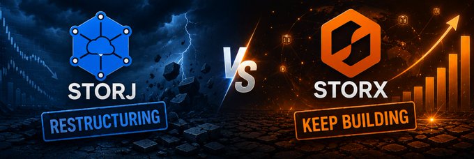 Identical promotional graphic showing 'STORJ VS STORX' comparison with blue 'RESTRUCTURING' and orange 'KEEP BUILDING' labels.