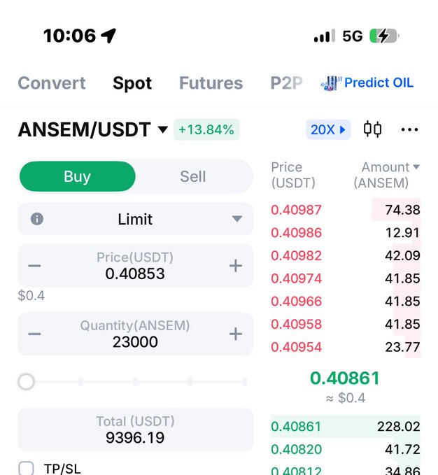 The image shows a cryptocurrency trading interface for ANSEM/USDT with a current price of approximately 0.40861 USDT, displaying a +13.84% gain, alongside buy/sell options and a limit order set at 0.40853 for 23,000 ANSEM (totaling 9,396.19 USDT). The screenshot relates to the post by illustrating the appreciation of ANSEM tokens, showing how the memecoin's value has risen since a popular X user prematurely sold his gifted bags at a lower price.
