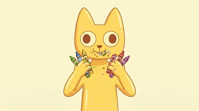 A cartoon illustration of a yellow cat-like character holding several colorful crayons, with green and purple crayon marks smudged around its mouth.