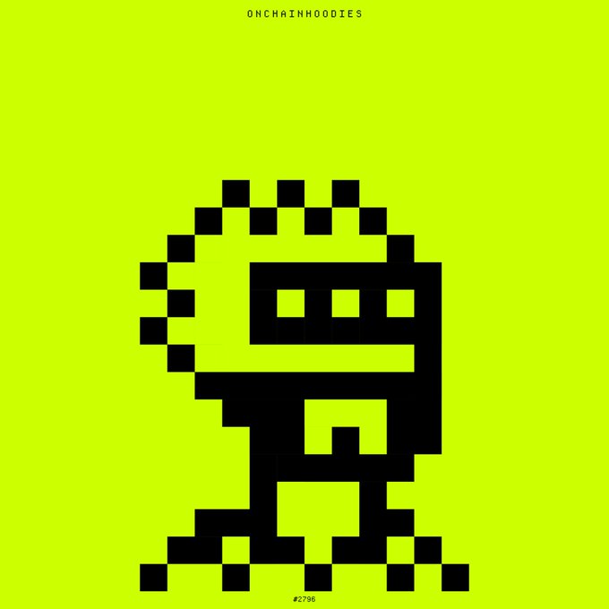 A pixel art NFT from OnChainHoodies (#2796) displayed on a bright yellow-green background, featuring a black stylized character design. The image accompanies an announcement about adding a new OnChainHoodies NFT to a collection, purchased for 0.0476 ETH above the .03's floor price.