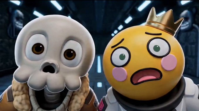 A 3D animated scene shows a skull character and a yellow emoji wearing a crown, both with shocked expressions, in what appears to be a sci-fi setting.