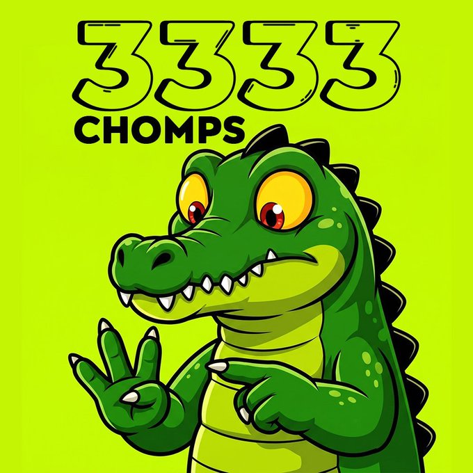 A cartoon illustration of a green crocodile/alligator character making a peace sign, with '3333 CHOMPS' written in large stylized text on a bright green background.